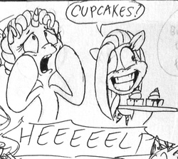 Size: 849x759 | Tagged: safe, artist:colossalstinker, pinkie pie, sweetie belle, fanfic:cupcakes, g3, g3.5, g4, dialogue, monochrome, pinkamena diane pie, traditional art