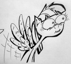 Size: 2373x2131 | Tagged: safe, artist:colossalstinker, oc, oc only, oc:gloomey dewdley, pegasus, pony, .mov, shed.mov, grayscale, high res, monochrome, race swap, spread wings, traditional art, wingboner, wings