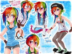 Size: 2000x1500 | Tagged: safe, artist:zorbitas, rainbow dash, human, g4, armpits, clothes, converse, expressions, female, goggles, humanized, moods, shoes, skateboard, solo, suspenders