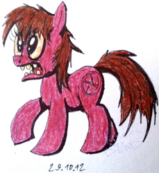 Size: 812x887 | Tagged: safe, artist:colossalstinker, oc, oc only, oc:gloomey dewdley, bloodshot eyes, fake cutie mark, solo, traditional art