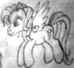 Size: 605x549 | Tagged: safe, artist:colossalstinker, rainbow dash, g3, g4, female, g4 to g3, generation leap, lined paper, monochrome, solo, traditional art
