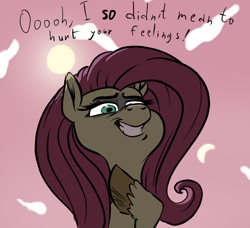 Size: 1124x1027 | Tagged: safe, artist:colossalstinker, fluttershy, pegasus, pony, g4, dialogue, discorded, female, flutterbitch, mare, solo, text, trolling