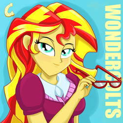 Size: 900x900 | Tagged: safe, artist:kittyprints91, sunset shimmer, equestria girls, g4, my little pony equestria girls: friendship games, bedroom eyes, canterlot high, clothes, female, glasses, looking at you, school spirit, solo, wondercolts