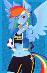 Size: 1100x1700 | Tagged: safe, artist:zowieblaze, rainbow dash, anthro, g4, belly button, clothes, female, football, looking at you, midriff, pointing, solo, sports bra