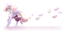 Size: 1280x622 | Tagged: dead source, safe, artist:lolepopenon, derpy hooves, pegasus, pony, g4, female, headphones, mail, mare, solo