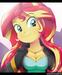 Size: 850x1022 | Tagged: safe, artist:the-butch-x, sunset shimmer, equestria girls, g4, beautiful, beautiful eyes, beautiful hair, breasts, busty sunset shimmer, cleavage, clothes, cute, female, heart eyes, jacket, leather jacket, looking at you, shimmerbetes, signature, smiling, solo, sweet dreams fuel, wingding eyes, woman