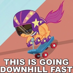 Size: 480x480 | Tagged: safe, edit, edited screencap, screencap, scootaloo, pegasus, pony, bloom & gloom, g4, cape, caption, clothes, cropped, determined, female, filly, flapping, foal, helmet, image macro, pun, ramp, reaction image, scooter, shoes, solo, squint, stars, stunt, visor, visual pun