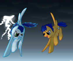 Size: 1024x866 | Tagged: safe, artist:slim-shady, flash sentry, soarin', pegasus, pony, g4, flying, lightning, male, stallion, thunderstorm