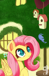 Size: 792x1224 | Tagged: safe, artist:citizensmiley, fluttershy, butterfly, g4, bird house, female, fluttershy's cottage, solo