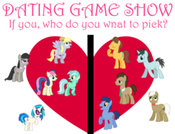 Size: 1024x785 | Tagged: safe, artist:greendwarf333, blues, bon bon, caramel, derpy hooves, dj pon-3, doctor whooves, frederic horseshoepin, lyra heartstrings, neon lights, noteworthy, octavia melody, rising star, sweetie drops, time turner, vinyl scratch, earth pony, pony, g4, background pony, dating game, heart, male, shipping, stallion