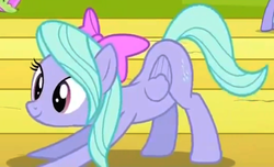 Size: 448x273 | Tagged: safe, screencap, flitter, pegasus, pony, g4, hurricane fluttershy, backbend, background pony, cropped, face down ass up, female, mare, solo focus, stretching