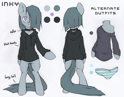 Size: 500x389 | Tagged: source needed, safe, artist:lonelycross, marble pie, earth pony, pony, semi-anthro, g4, bipedal, blue underwear, clothes, collar, female, hoodie, lonely inky, mare, panties, reference sheet, ribbon, solo, striped underwear, underwear