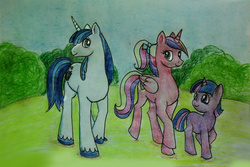 Size: 1280x853 | Tagged: safe, artist:tielgar, princess cadance, shining armor, twilight sparkle, g4, teen princess cadance, traditional art, younger