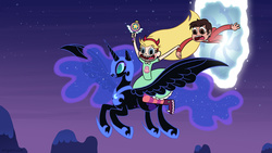 Size: 1920x1080 | Tagged: safe, artist:mitgard, nightmare moon, human, g4, crossover, humans riding ponies, magic wand, marco diaz, mewmans riding ponies, portal, riding, star butterfly, star vs the forces of evil, wallpaper, wand, wide eyes