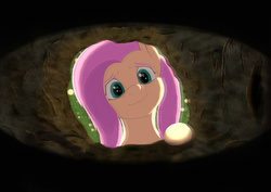 Size: 1963x1391 | Tagged: safe, artist:starblaze25, fluttershy, g4, blurry, cute, first person view, headcanon, hole, implied angel bunny, offscreen character, pov, shyabetes, smiling