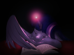 Size: 1931x1443 | Tagged: safe, artist:starblaze25, twilight sparkle, alicorn, pony, g4, book, female, glowing horn, horn, mare, sleepy, solo, studying, tired, twilight sparkle (alicorn), wing hands