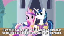 Size: 894x500 | Tagged: safe, screencap, princess cadance, shining armor, g4, my little pony: friendship is magic, the one where pinkie pie knows, calvin and hobbes, hilarious in hindsight, image macro, meme, shining armor is a goddamn moron, this will end in a night on the couch