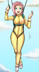 Size: 1355x2500 | Tagged: safe, artist:dakuroihoshi, fluttershy, human, g4, air ponyville, breasts, busty fluttershy, clothes, female, flying, humanized, jumpsuit, parachute, skydiving, solo