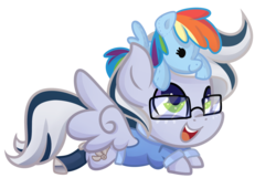 Size: 1769x1138 | Tagged: safe, artist:drawntildawn, rainbow dash, oc, oc:steel wing, g4, commission, cute, glasses, plushie, prone, simple background, solo