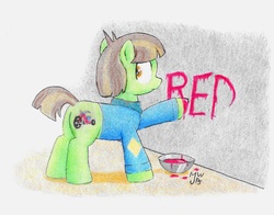 Size: 3756x2952 | Tagged: safe, artist:philo5, danny trottance, earth pony, pony, g4, make new friends but keep discord, butt, colt, danny torrance, foal, high res, male, plot, ponified, redrum, the shining, traditional art