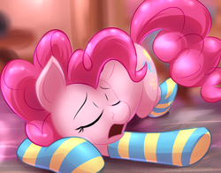 Size: 1700x1330 | Tagged: safe, artist:dripponi, artist:lattynskit, pinkie pie, earth pony, pony, g4, clothes, cute, diapinkes, eyes closed, female, mare, open mouth, sleeping, snoring, socks, solo, stockings, striped socks