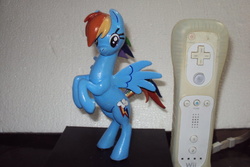 Size: 600x400 | Tagged: safe, artist:succubi samus, rainbow dash, pony, g4, bipedal, clay figure, irl, looking at you, nintendo, photo, sculpture, wii remote