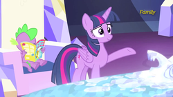 Size: 1280x720 | Tagged: safe, screencap, spike, twilight sparkle, alicorn, pony, g4, made in manehattan, comic book, female, mare, reading, twilight sparkle (alicorn)