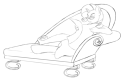 Size: 1120x717 | Tagged: safe, artist:alixnight, rarity, unicorn, anthro, unguligrade anthro, canterlot boutique, g4, fainting couch, female, glasses, monochrome, newspaper, sketch, solo