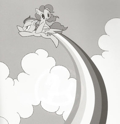 Size: 391x405 | Tagged: artist needed, safe, pinkie pie, rainbow dash, g4, cloud, cute, horse riding a horse, monochrome, old timey, pinkie pie riding rainbow dash, ponies riding ponies, rainbow, riding