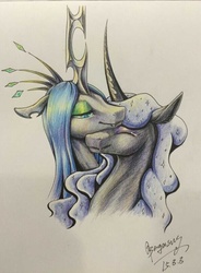 Size: 593x807 | Tagged: safe, artist:begasus, nightmare moon, queen chrysalis, alicorn, changeling, changeling queen, pony, g4, bust, cute, cutealis, female, lesbian, mare, moonabetes, portrait, ship:chrysmoon, shipping, traditional art