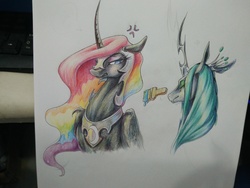 Size: 4160x3120 | Tagged: safe, artist:begasus, nightmare moon, queen chrysalis, alicorn, changeling, changeling queen, pony, g4, cute, cutealis, duo, female, lesbian, mare, moonabetes, paintbrush, ship:chrysmoon, shipping, traditional art, wing claws