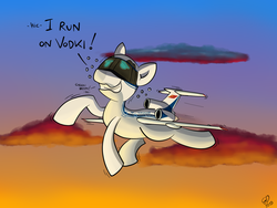 Size: 1600x1200 | Tagged: safe, artist:goldenpansy, oc, oc only, original species, plane pony, pony, cheeki breeki, cloud, cloudy, drunk, plane, russian, sunset, tupolev tu-154