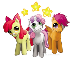 Size: 700x590 | Tagged: safe, artist:miszasta, apple bloom, scootaloo, sweetie belle, earth pony, pony, g4, bandage, cutie mark crusaders, eyepatch, female, filly, injured, stars
