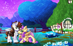 Size: 8655x5487 | Tagged: safe, artist:php166, fluttershy, oc, oc:globe trotter, oc:tuning out, pegasus, pony, g4, absurd resolution, cottage, crying, cutie mark, female, flower, friendship, male, night, saddle bag, smiling, stars, wings