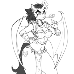 Size: 1280x1280 | Tagged: safe, artist:kevinsano, oc, oc only, oc:general darkwing, alicorn, bat pony, anthro, alicorn oc, armor, armpits, belly button, cleavage, female, grayscale, lineart, loincloth, magic, midriff, monochrome