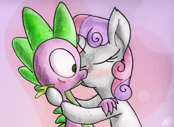 Size: 1024x747 | Tagged: safe, artist:loreto-arts, spike, sweetie belle, dragon, pony, unicorn, g4, duo, eyes closed, female, filly, foal, interspecies, kiss on the lips, kissing, male, ship:spikebelle, shipping, straight, surprise kiss