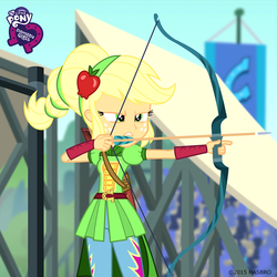 Size: 800x800 | Tagged: safe, screencap, applejack, equestria girls, g4, my little pony equestria girls: friendship games, archery, arrow, bow (weapon), bow and arrow, canterlot high, equestria girls logo, female, solo, sporty style, weapon, wondercolts