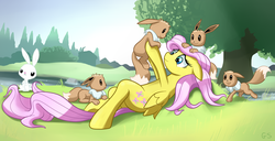 Size: 1922x985 | Tagged: safe, artist:gsphere, angel bunny, fluttershy, eevee, pegasus, pony, rabbit, g4, animal, crossover, cute, female, frown, grass, incorrect leg anatomy, mare, on back, pokémon, river, shyabetes, tree, unamused, water