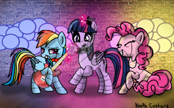 Size: 1024x640 | Tagged: safe, artist:koopacustard, pinkie pie, rainbow dash, twilight sparkle, alicorn, pony, five nights at aj's, g4, crossover, female, five nights at freddy's, guitar, mare, microphone, twilight sparkle (alicorn)