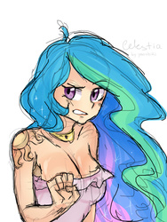 Size: 900x1200 | Tagged: safe, artist:yanshiki, princess celestia, human, g4, alternative cutie mark placement, cleavage, clothes, dress, female, humanized, shoulder cutie mark, solo