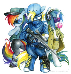 Size: 700x730 | Tagged: safe, artist:miszasta, dj pon-3, rainbow dash, vinyl scratch, oc, oc:yellow flash, pegasus, pony, unicorn, g4, badass, bipedal, bubblegum, butt, clothes, female, glasses, gun, hooves, horn, looking at you, mare, optical sight, plot, rifle, simple background, sniper rifle, sunglasses, traditional art, watercolor painting, weapon, white background