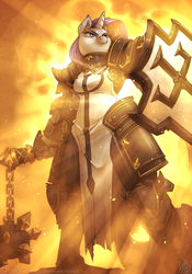 Size: 840x1200 | Tagged: safe, artist:atryl, rarity, unicorn, anthro, unguligrade anthro, g4, armor, badass rarity, crossover, crusader, diablo (series), diablo iii, fantasy class, female, flail, heroes of the storm, knight, paladin, shield, solo, warrior, weapon