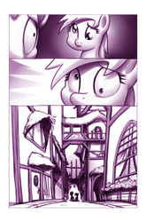 Size: 900x1362 | Tagged: safe, artist:moonlitbrush, derpy hooves, doctor whooves, time turner, earth pony, pony, comic:unintentionally spreading happiness, g4, comic, cute, male, monochrome, ponyville, stallion, wide eyes