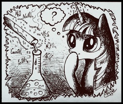 Size: 1595x1353 | Tagged: safe, artist:katesmith2001, twilight sparkle, g4, chemistry, female, flask, monochrome, question mark, science, solo, thinking, thought bubble