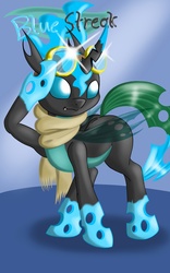 Size: 1600x2560 | Tagged: safe, artist:navanastra, oc, oc only, oc:blue streak, changeling, blue changeling, goggles, ice changeling, reference sheet, salute, solo