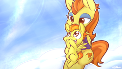 Size: 1920x1080 | Tagged: safe, artist:dshou, spitfire, stormy flare, pegasus, pony, g4, rarity investigates, season 5, bedroom eyes, cloud, cloudy, cute, cutefire, daaaaaaaaaaaw, ear piercing, eyeshadow, female, filly, filly spitfire, hnnng, lap, lidded eyes, looking up, makeup, mare, mother and daughter, open mouth, piercing, sitting, smiling, that was fast, younger