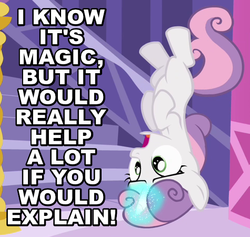 Size: 475x450 | Tagged: safe, edit, edited screencap, screencap, sweetie belle, g4, princess twilight sparkle (episode), caption, explain, female, glowing horn, horn, image macro, it's magic, levitation, magic, meme, open mouth, solo, sweetie belle's magic brings a great big smile, sweetie fail, upside down, wide eyes, worried