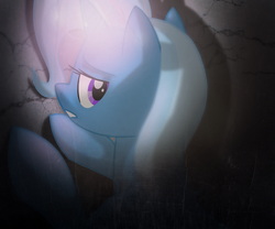 Size: 1024x853 | Tagged: safe, artist:uglytree, trixie, pony, unicorn, g4, female, glowing horn, horn, looking back, mare, solo