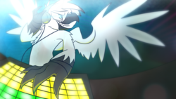 Size: 1024x576 | Tagged: safe, artist:uglytree, oc, oc only, griffon, headphones, solo, spread wings