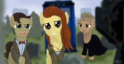 Size: 1682x868 | Tagged: safe, artist:qemma, amy pond, blazer, bowtie, clothes, doctor who, eleventh doctor, jacket, leather, leather jacket, ponified, river song (doctor who), shirt, tearjerker, the angels take manhattan, this will end in tears